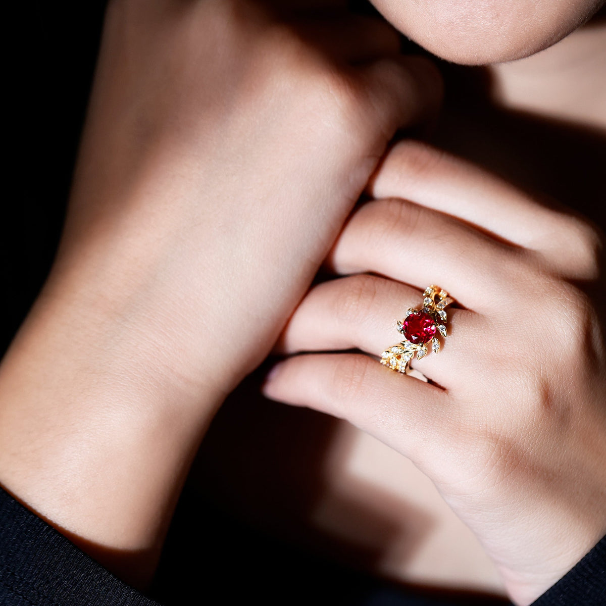 Lab Created Ruby and Diamond Vine Engagement Ring in Silver