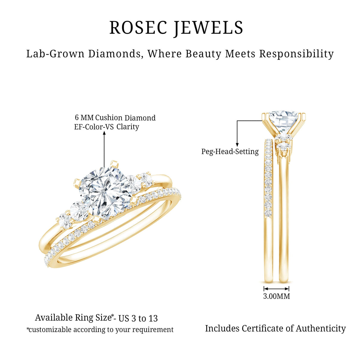 1.7 Carat Lab Grown Diamond Cushion Engagement Ring with Wedding band
