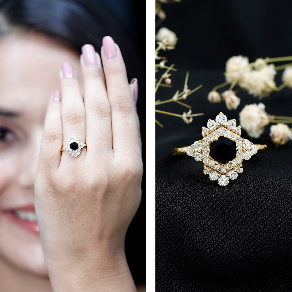 Black Spinel and Diamond Vintage Engagement Ring in Silver