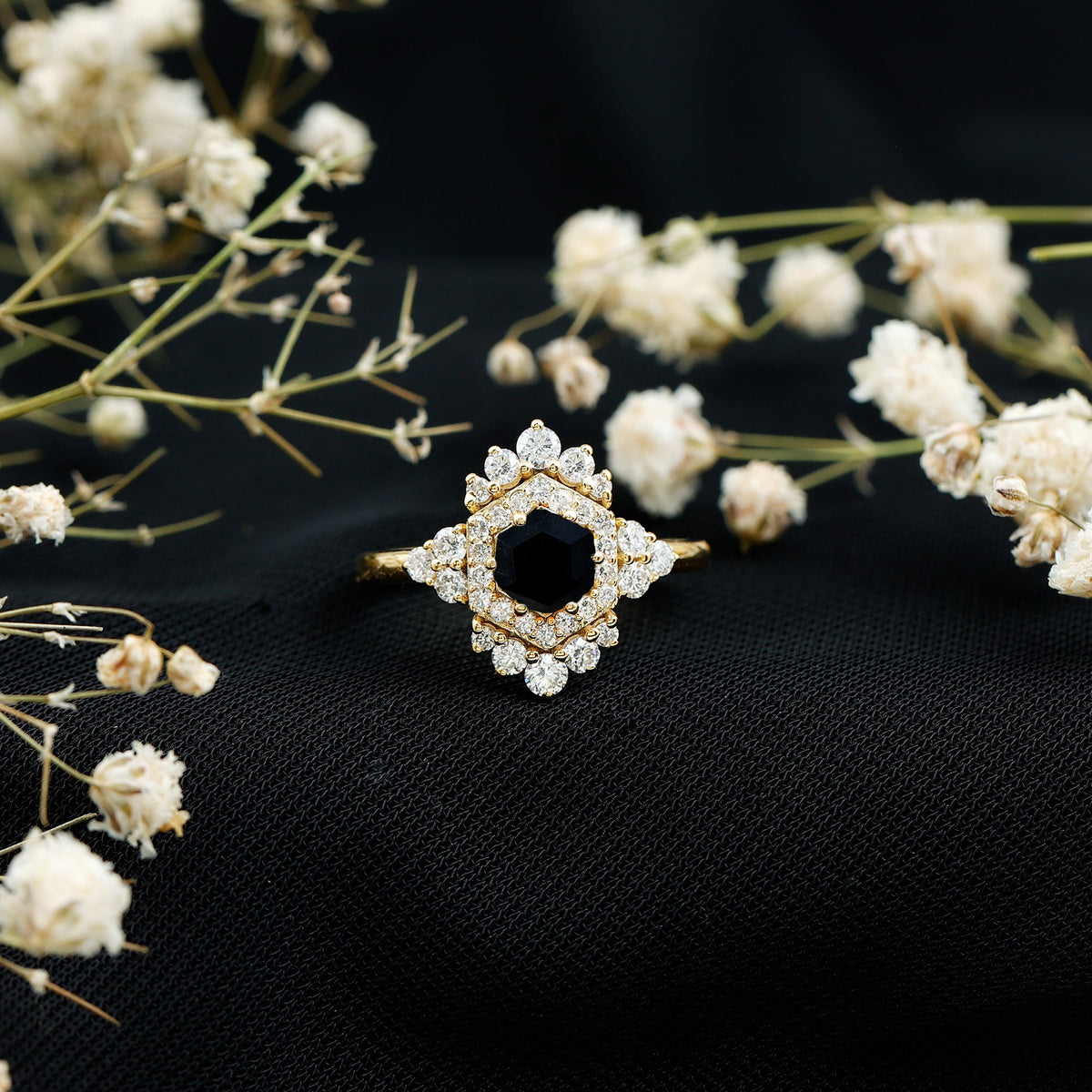 Black Spinel and Diamond Vintage Engagement Ring in Silver