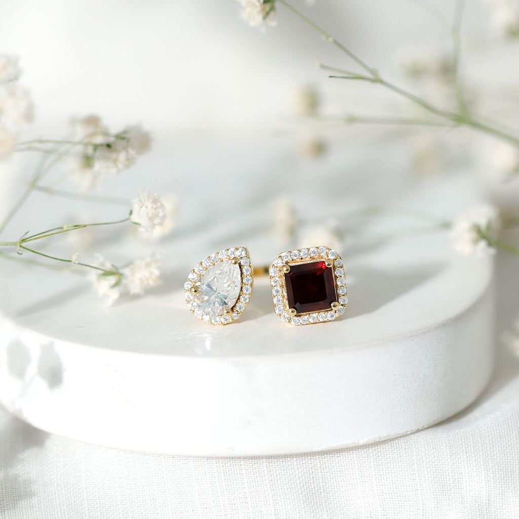 Natural Garnet Toi Et Moi Engagement Ring with Moissanite in Yellow Gold Plated Silver
