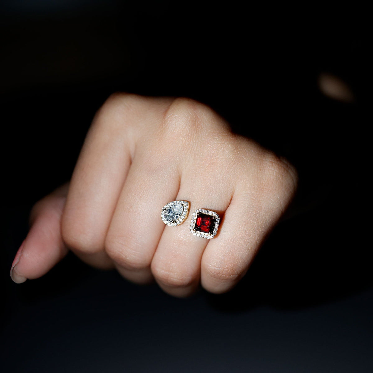 Natural Garnet Toi Et Moi Engagement Ring with Moissanite in Yellow Gold Plated Silver
