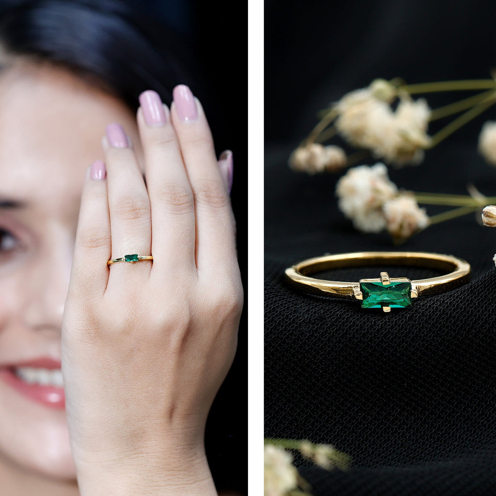 Baguette Cut Lab Emerald Solitaire Promise Ring in East West Style