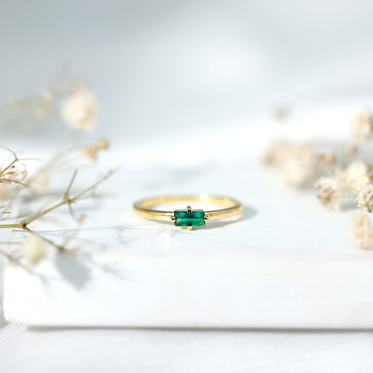 Baguette Cut Lab Emerald Solitaire Promise Ring in East West Style