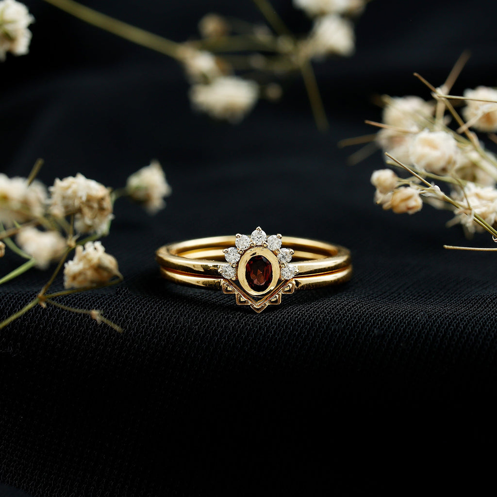 Natural Garnet Diamond Engagement Ring with Enhancer in Gold Plated Silver
