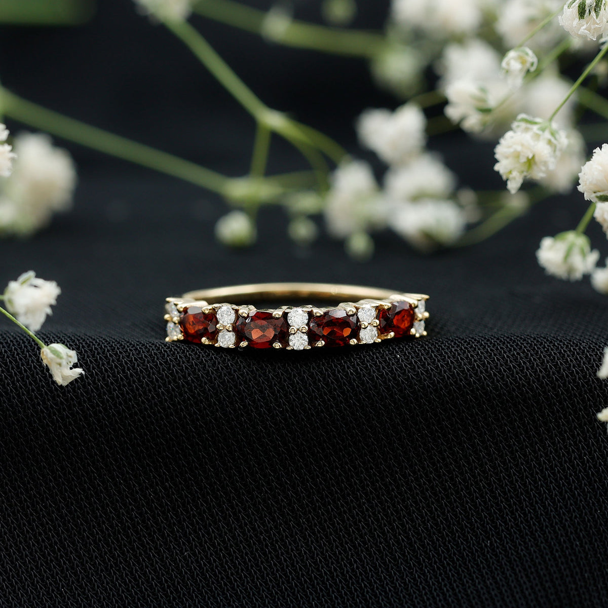 Natural Garnet Eternity Wedding Band in Yellow Gold Plated Silver