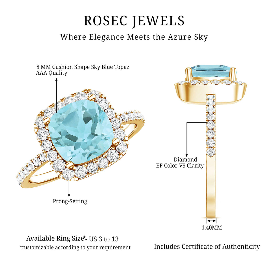 2 Carat Cushion Cut Sky Blue Topaz and Diamond Engagement Ring