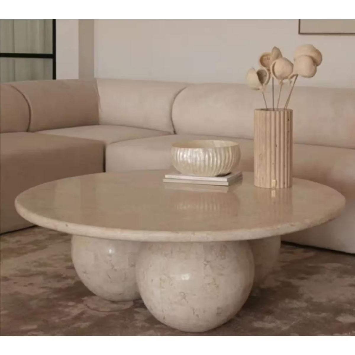 Troia Light Travertine Round Designer Coffee Table with Sphere Legs