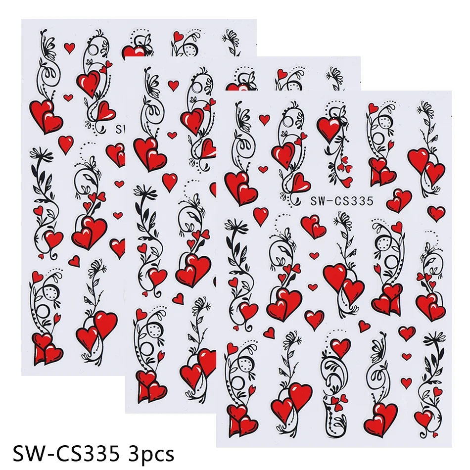 3pcs Valentine's Nail Art Stickers Red Love Heart Petals Leaf Simple Line Adhesive Nail Decals DIY Manicure Decoration Sliders