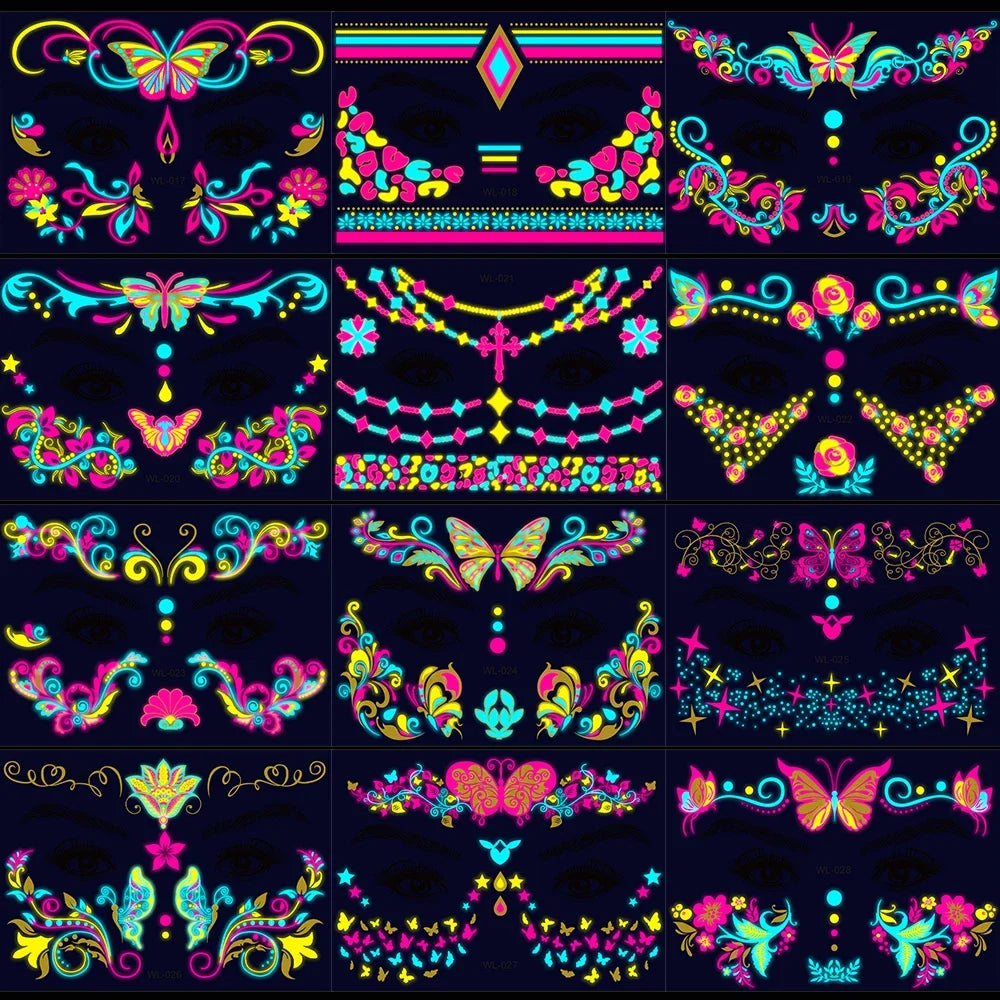 28Pcs Gold Glitter Powder Fluorescent Waterproof Face Tattoo 14x15cm Butterfly/Flowers Makeup Sticker DIY Party Neon Face Decal