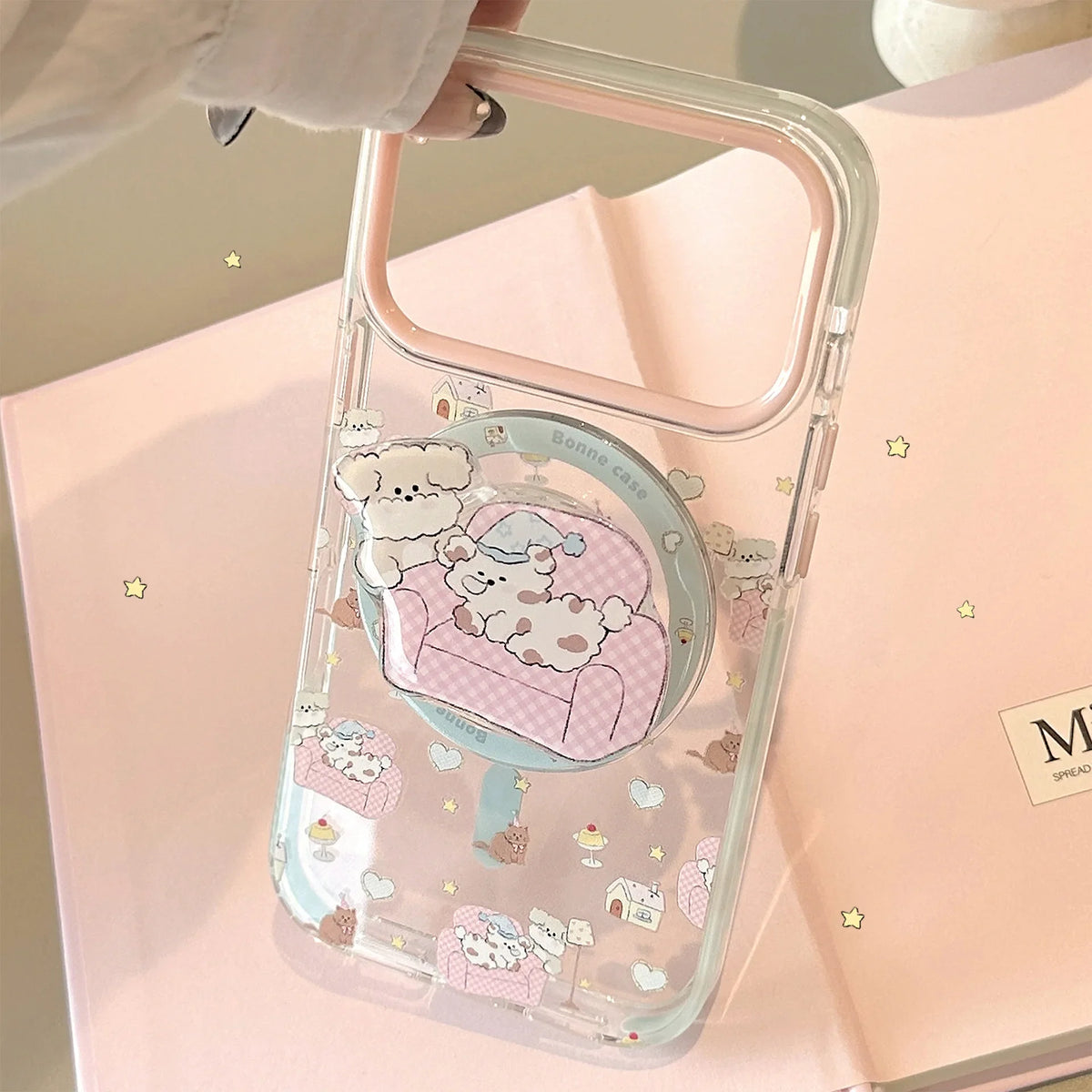 Korean Cartoon Pink Sofa Puppy House Holder Magnetic Phone Case For iPhone