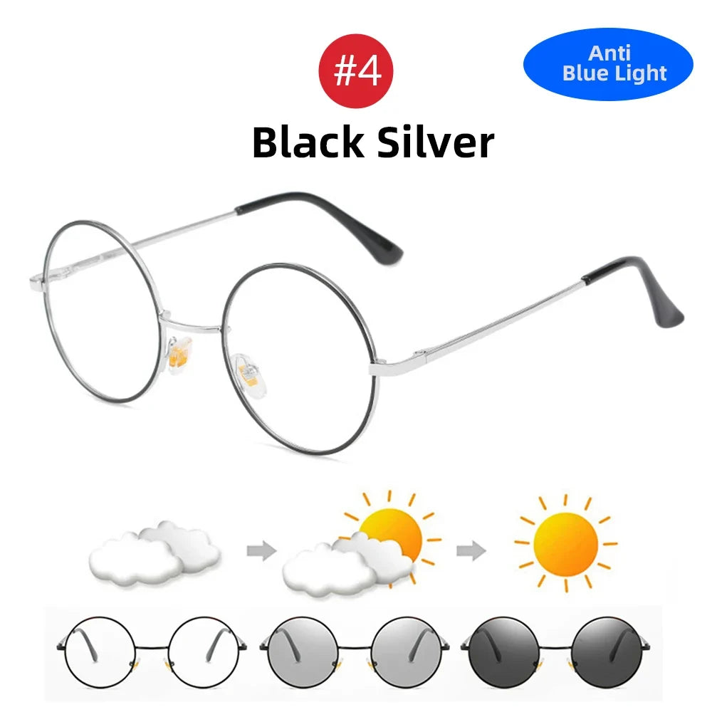 VIVIBEE Photochromic Mens Blue Light Blocking Glasses Retro UV400 Anti Glare Round Color Changing Sunglasses Computer Shades