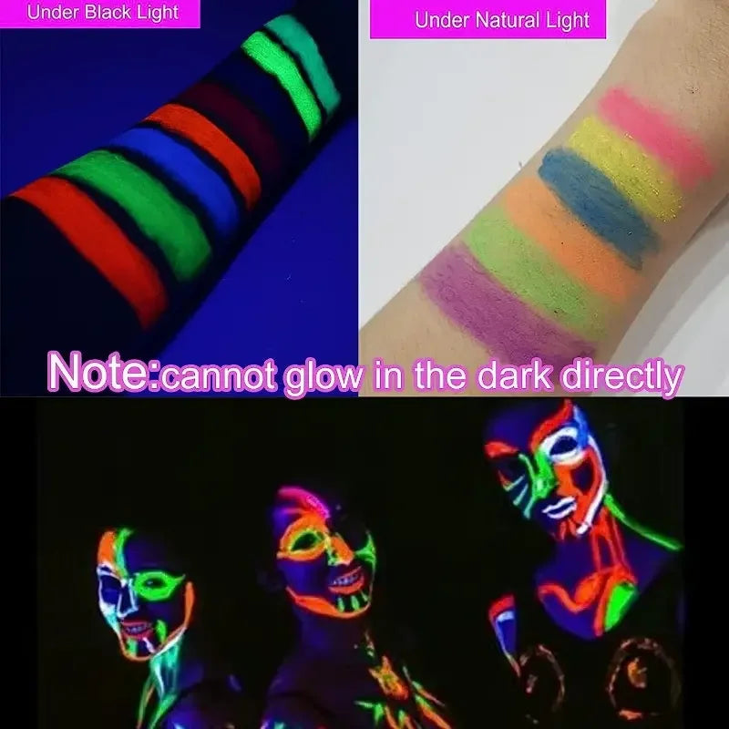 6Pcs UV Neon Face Painting Kit,Glow in the Dark Under UV Lights,Black Light Glow Makeup Kit,Washable Water Soluble Face Painting