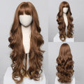 Brown Wavy Wigs for Women with Bangs Long Natural Synthetic Hair Wig Daily Cosplay Heat Resistant