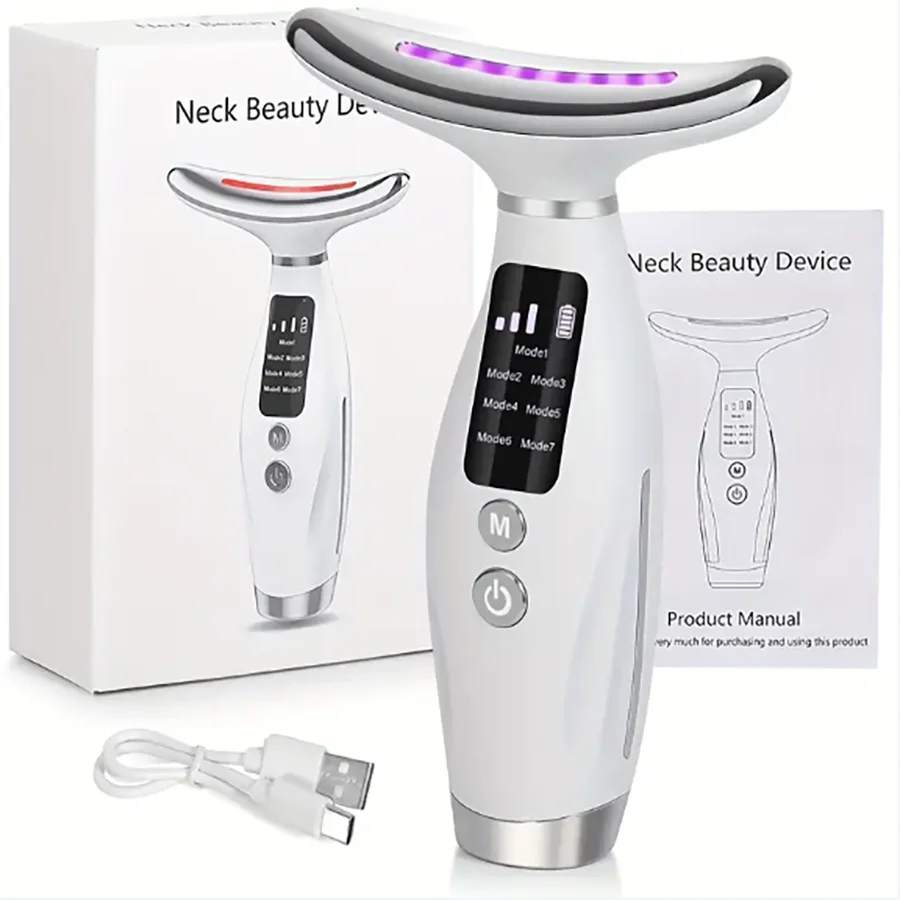 LED display beauty device, USB charging - with 7 types of lights, ergonomic design, vibration massage, suitable for effective re