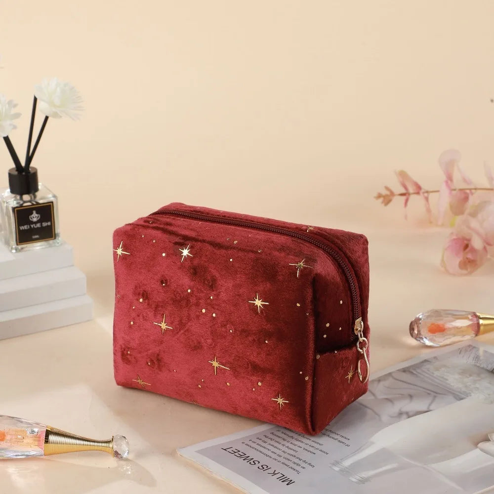 Trendy Large Capacity Corduroy Makeup Bag Travel Printed Toiletry Organizer Bag Makeup Brush Skincare Storage Bag for Women