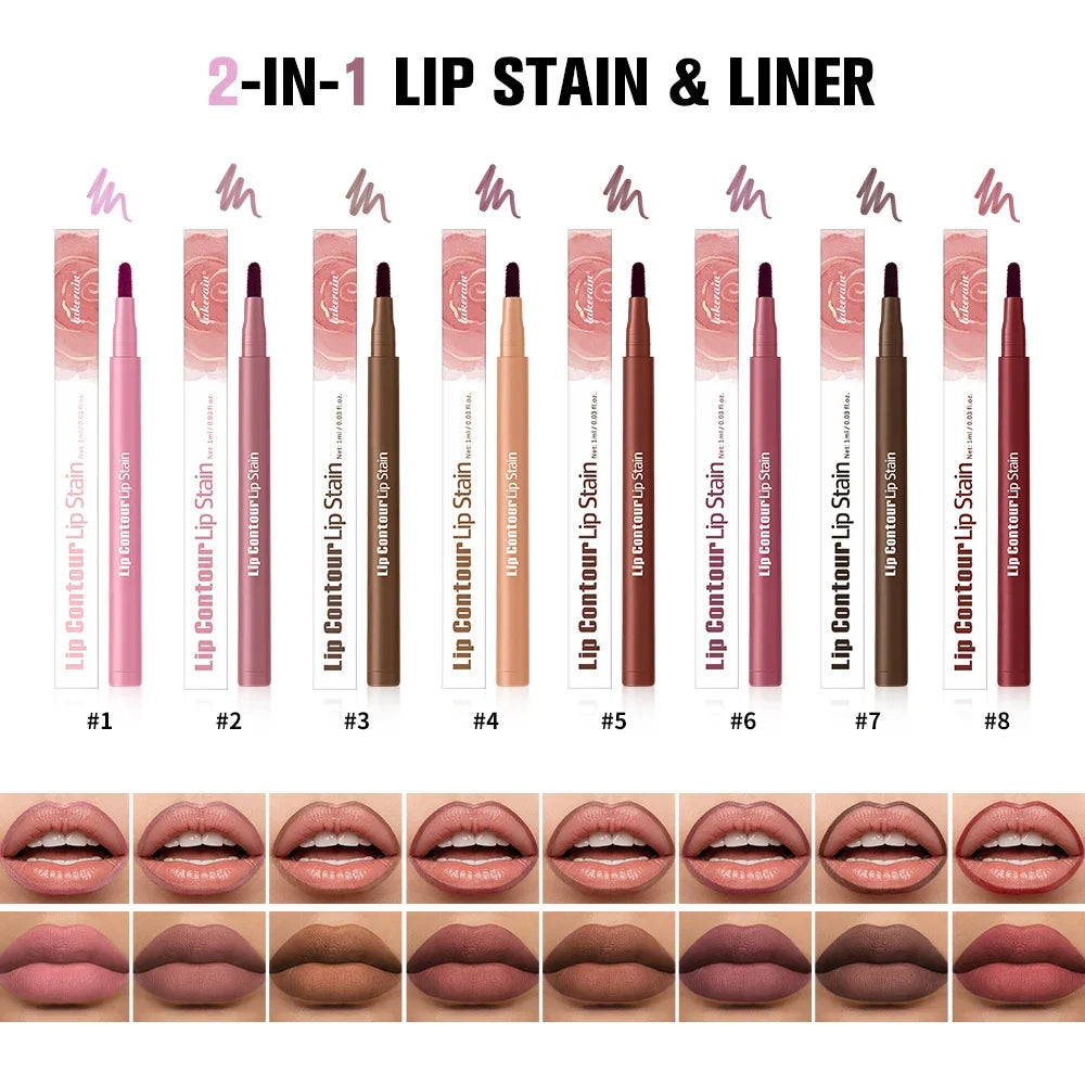 Waterproof 2 In 1 Lip Stain And Liner Pen Long Lasting Smudge Proof Kiss Proof Transfer Resistant 8 Colors Makeup Lip Pencil