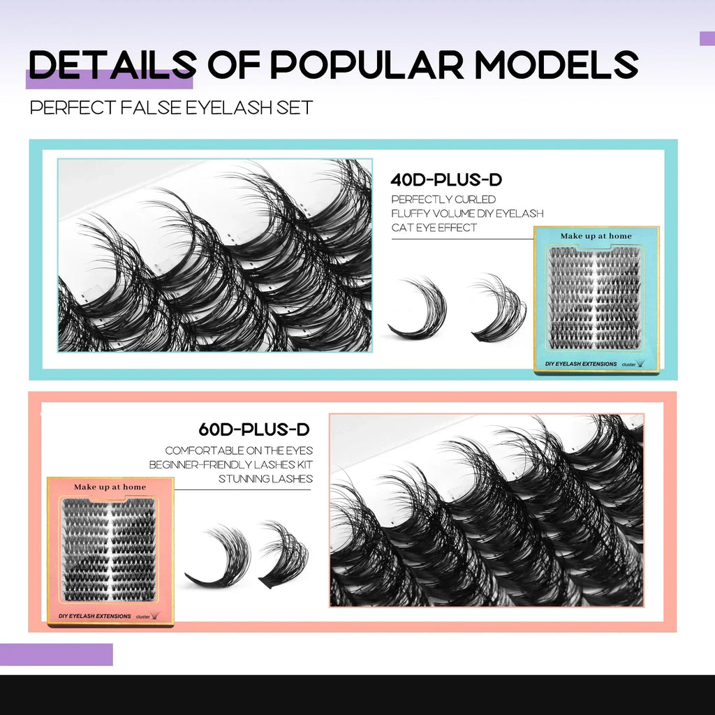 GROINNEYA DIY Eyelashes Lashes Clusters Kit Mix Wispy Individual Lashes Extensions Clusters Lashes Lash Bond & Seal Makeup