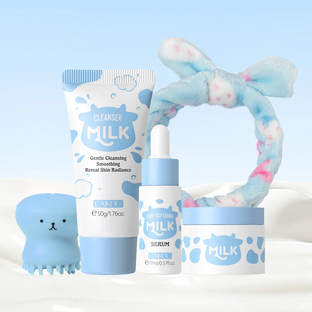 LAIKOU Milk Skincare Set Softening Serum Moisturizing Cream Gentle Cleanser Brightening Hydration Travel Kit