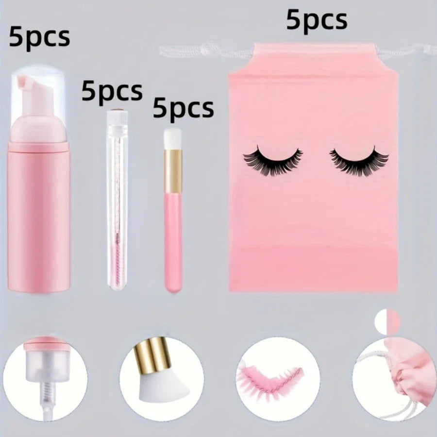 20Pcs Lash Care Kit - 5 Foam Pumps + 5 Detail Brushes + 5 Wand Applicators + 5 Storage Bags | Salon Hygiene Travel Set