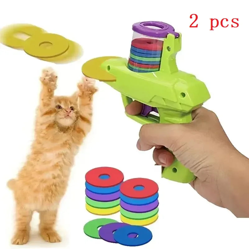 Cat Dog Toy with Colorful Flying Discs Set, Pet Toy Gun Launcher Interactive Toys for Kitten Indoor & Outdoor Training Chasing
