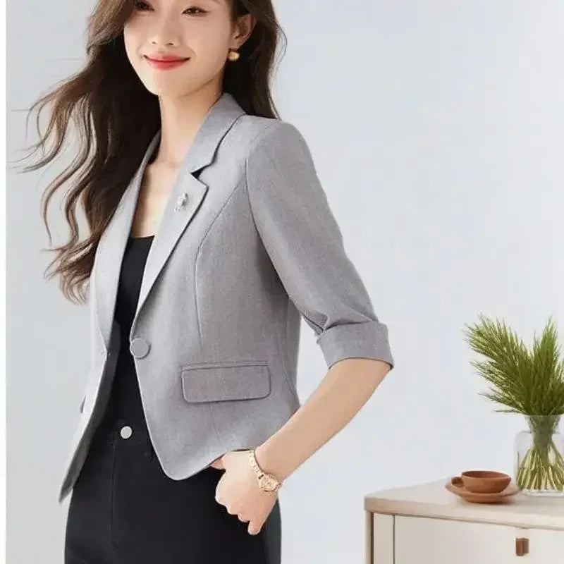 Black Women Blazer Slim Blazer Office Lady Work Suit Cropped Jacket Spring Summer Short Top Design Casual Coats Mujer One Button