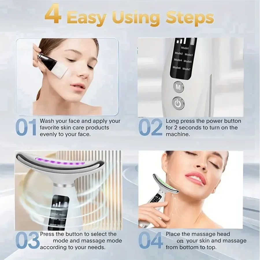LED display beauty device, USB charging - with 7 types of lights, ergonomic design, vibration massage, suitable for effective re