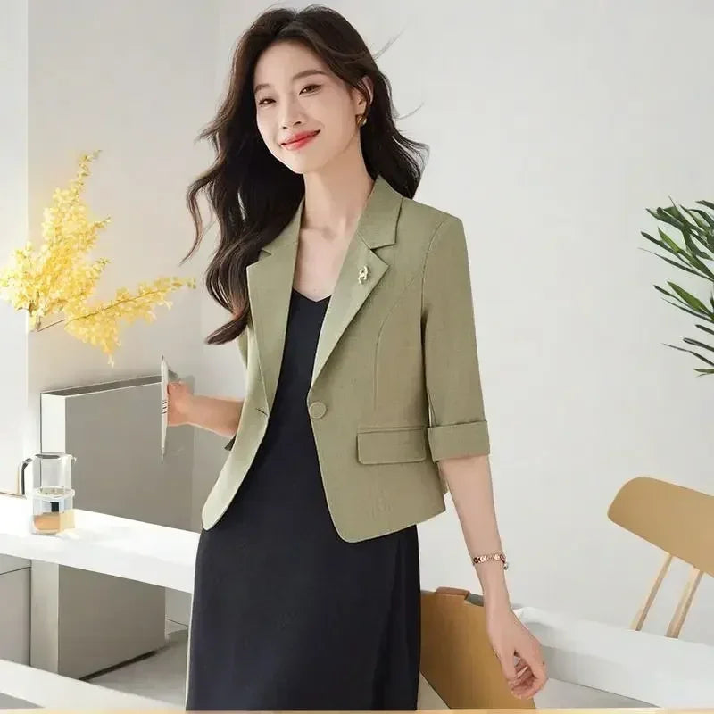 Black Women Blazer Slim Blazer Office Lady Work Suit Cropped Jacket Spring Summer Short Top Design Casual Coats Mujer One Button