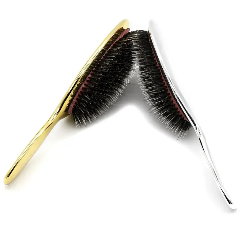 Premium Gold And Silver Boar Bristle Hair Brush Oval Paddle Anti Static Massage Comb For Hair Growth And Styling