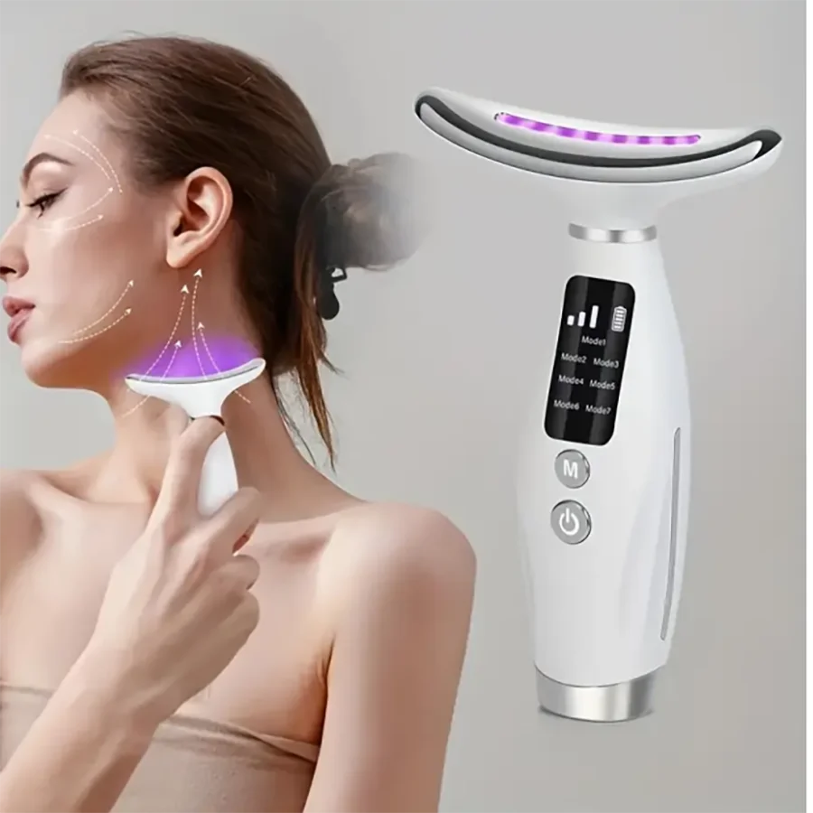 LED display beauty device, USB charging - with 7 types of lights, ergonomic design, vibration massage, suitable for effective re