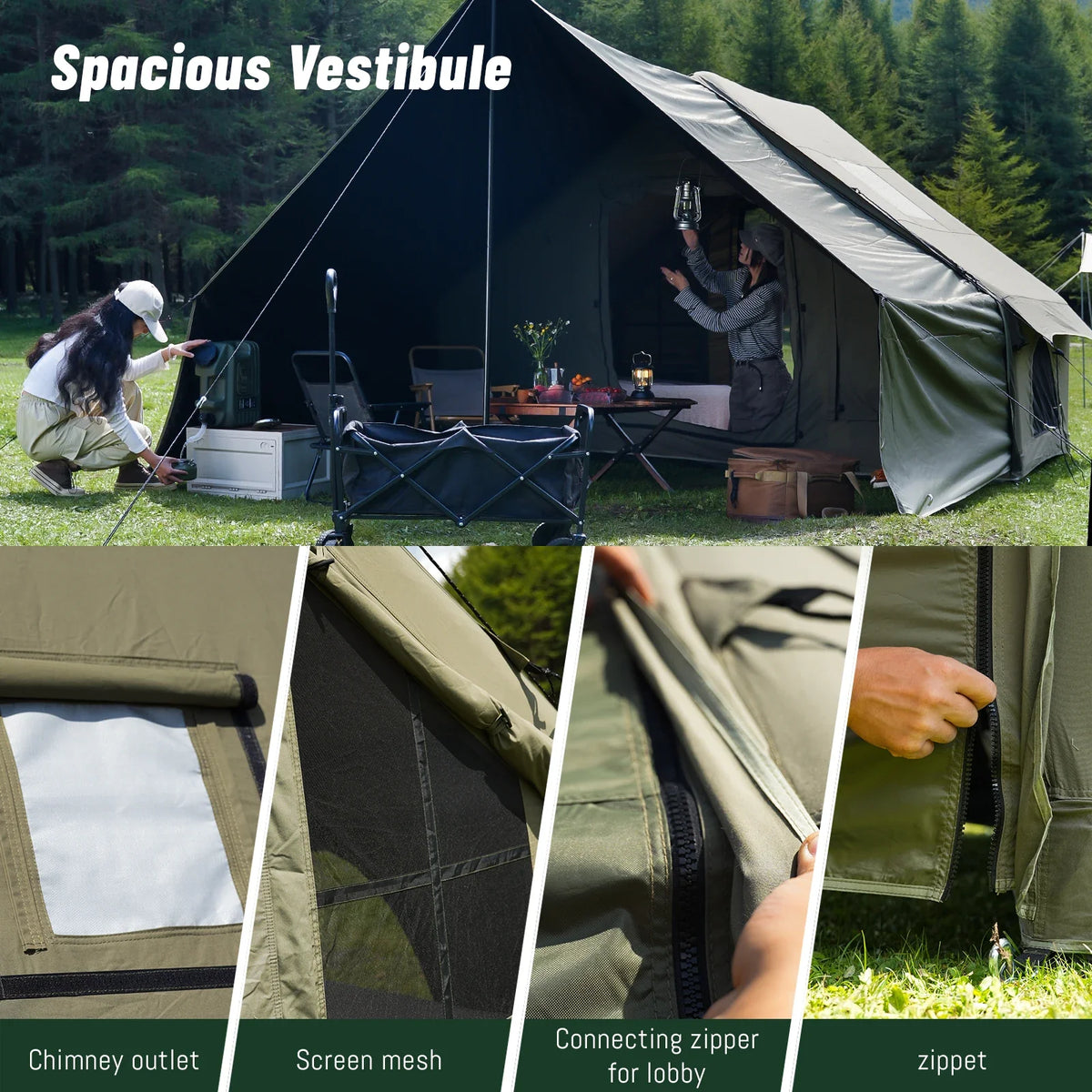 PAKICETUS 8-Person Inflatable Glamping Tent, Green Tent with Mesh Windows & Hand Pump with Extra-Large Canopy Living Room