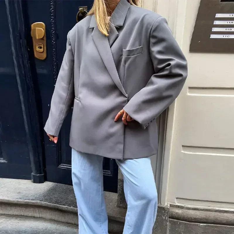 Women's V-Neck Side-Buttoned Suit Jacket Long Sleeve Solid Color Coats Pocket Cuffs Oversize Tops High Street Female Clothes