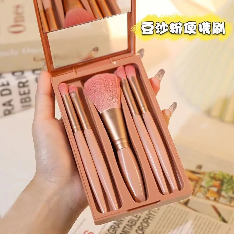 5Pcs Portable Makeup Brush Set With Mirror - Foldable Travel Kit ，Mini Makeup Brush Set Travel Makeup Brush Set
