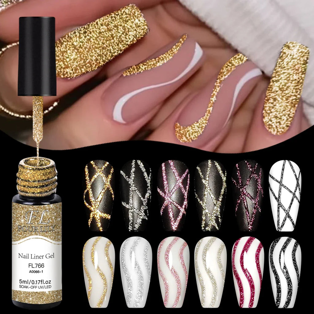 FOUR LILY 5ml Reflective Glitter Liner Nail Gel Polish Gold Silver Red Sparkling Nail Supplies UV/LED Varnish Painting Gel