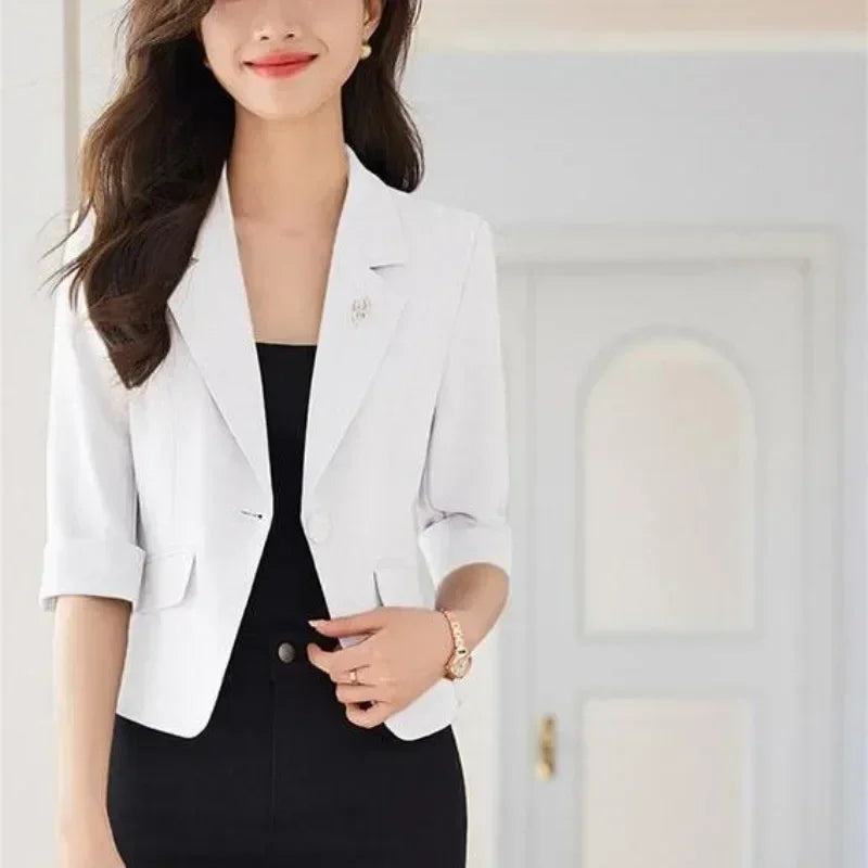 Black Women Blazer Slim Blazer Office Lady Work Suit Cropped Jacket Spring Summer Short Top Design Casual Coats Mujer One Button