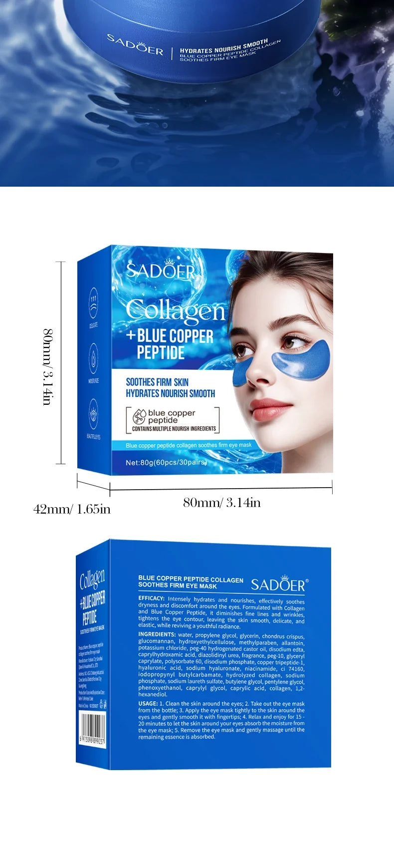 SADOER Collagen Eye Mask Caffeine Crystal Anti Dark Circles Eye Bag Remover Moisturizing Anti-aging Eye Patches Skin Eye Care