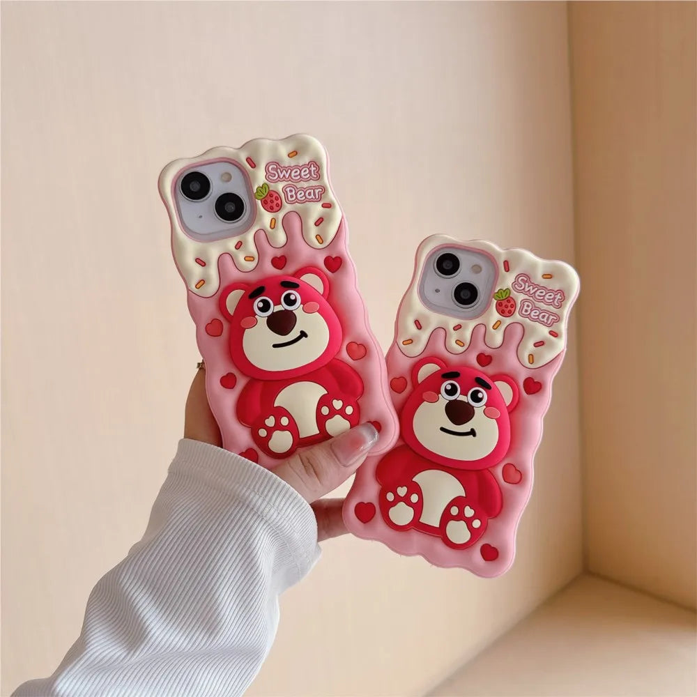 Lotso Strawberry Bear Cheese Face Holder Grip Tok Cartoon Silicon Soft Cover Phone Case