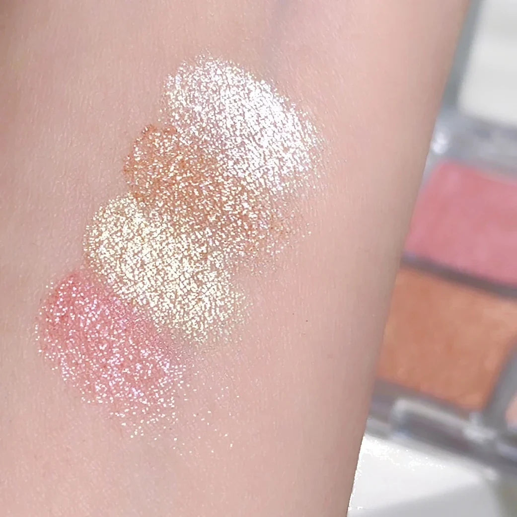 4-Color Face Highlighter Palette, Pearly Glitter Shimmer Smooth Baked Powder, Lasting Sparkling Highlighter Makeup