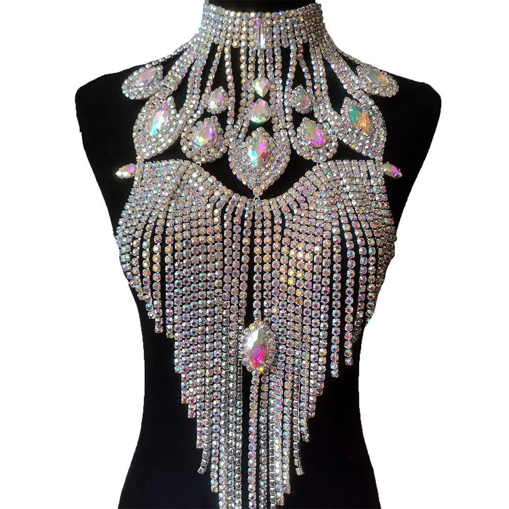 Long Rhinestone Tassel Fringe Crystal Drop Chocker Necklace Body Jewelry