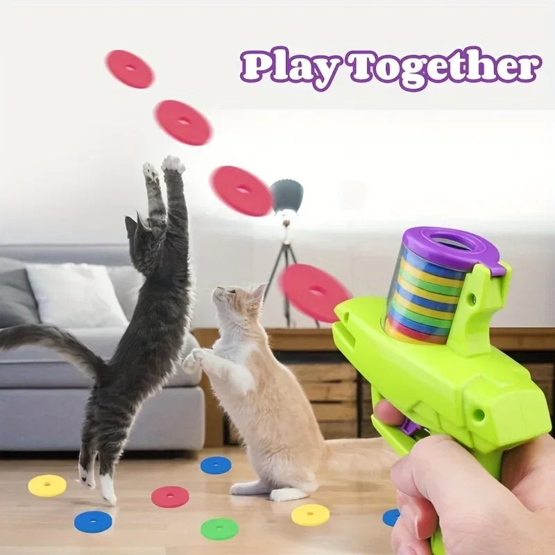 Cat Dog Toy with Colorful Flying Discs Set, Pet Toy Gun Launcher Interactive Toys for Kitten Indoor & Outdoor Training Chasing