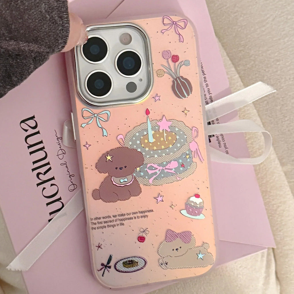 Korean Gilding Laser Cute Cartoon Dessert Cake Puppy Phone Case For iPhone