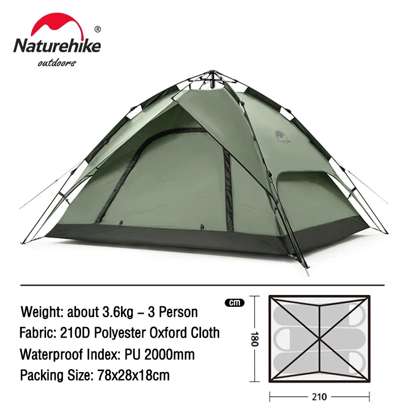 Naturehike 3-4 Person Tent Ultralight Waterproof Automatic Tent Portable 3 Season Backpacking Tent Outdoor Hiking Camping Tent