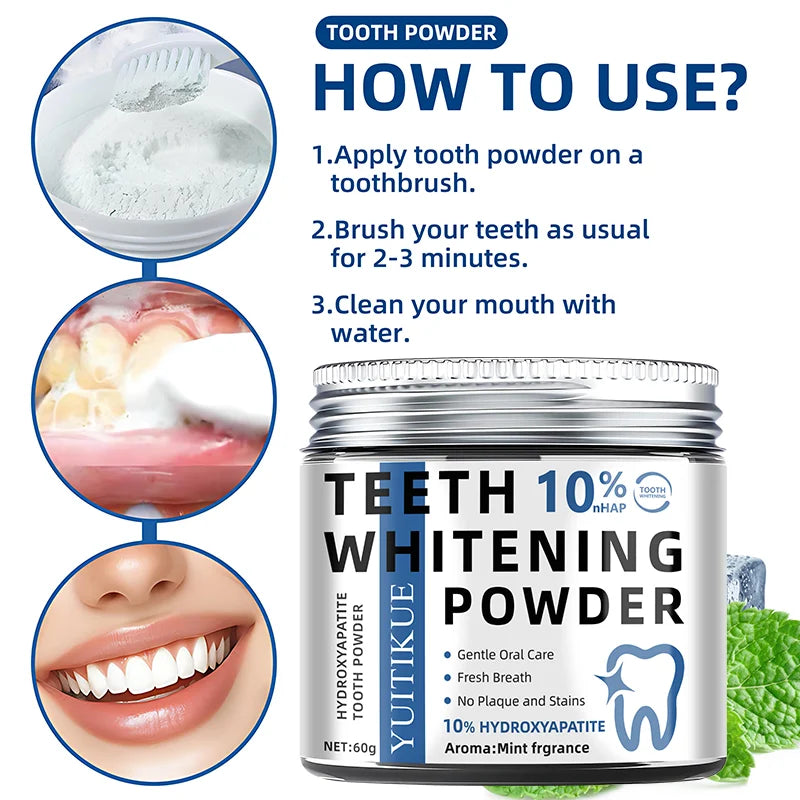 Professional 10% Hydroxyapatite Tooth Powder for Whitening & Deep Cleaning, Mint Fresh Breath, 60g