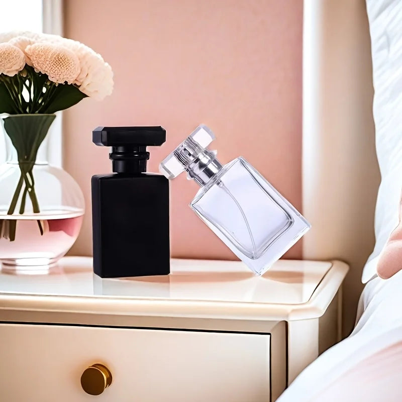 1PC Elegant Portable Glass Perfume Atomizer 1.01oz Square Flat Spray Bottle with Black Cap BPA Free Travel Friendly