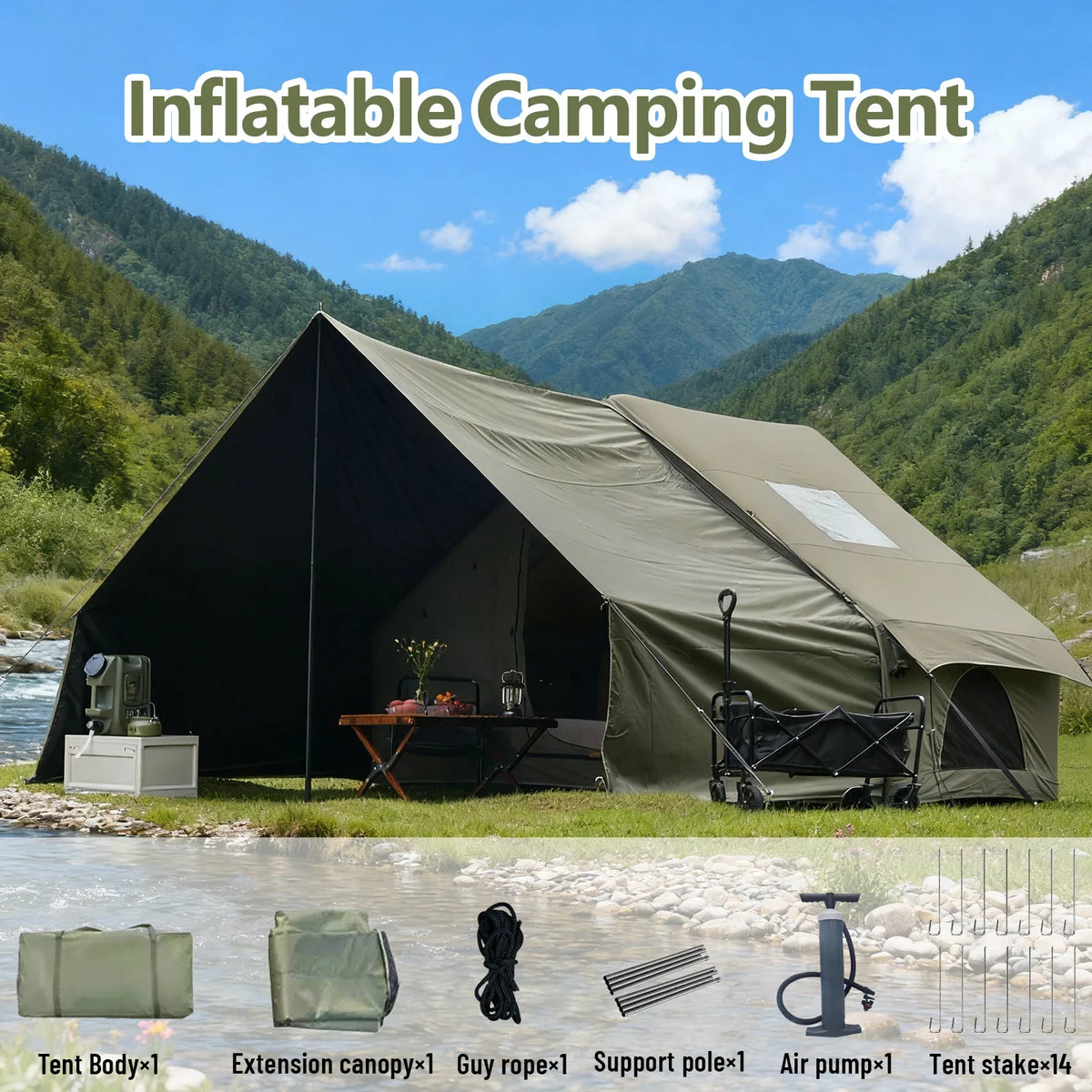 PAKICETUS 8-Person Inflatable Glamping Tent, Green Tent with Mesh Windows & Hand Pump with Extra-Large Canopy Living Room