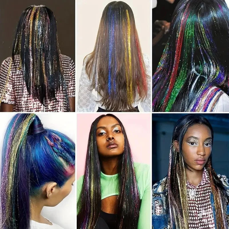 Synthetic Sparkling Shiny Tinsel Hair Extensions Colorful Holographic Hair Tinsel Glitter Fairy Hair