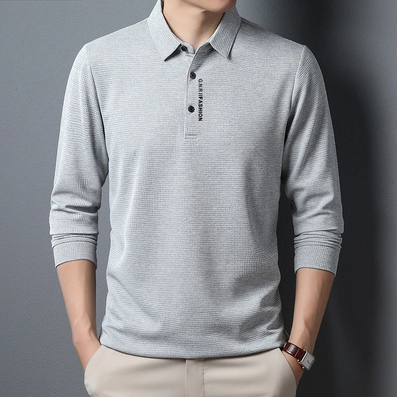 Men's Waffle Long Sleeved POLO Shirt with Letter Printed Lapel Casual Top