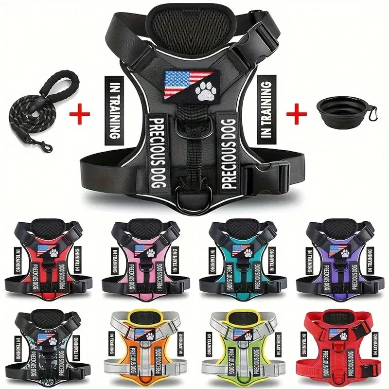Service Dog Harness & Leash Set with 1pc Folding Bowl Reflective Adjustable Dog Vest Harness Soft Oxford Pet Harness For Small M