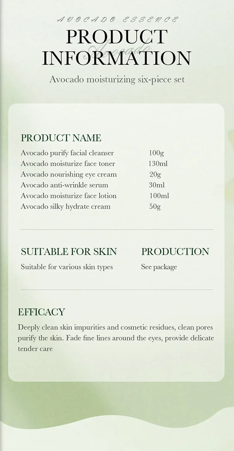 Avocado Skincare 6-Piece Set Includes Nourishing And Moisturizing Eye Cream, Face Cream, And Anti-Wrinkle Skincare Products.