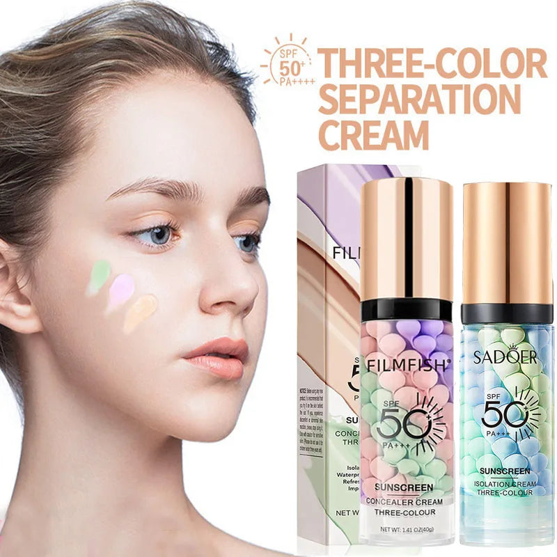 Face Makeup Primer Tri-color Cream Contour Color Isolation Waterproof Makeup Foundation Natural Makeup Base Cream 40g